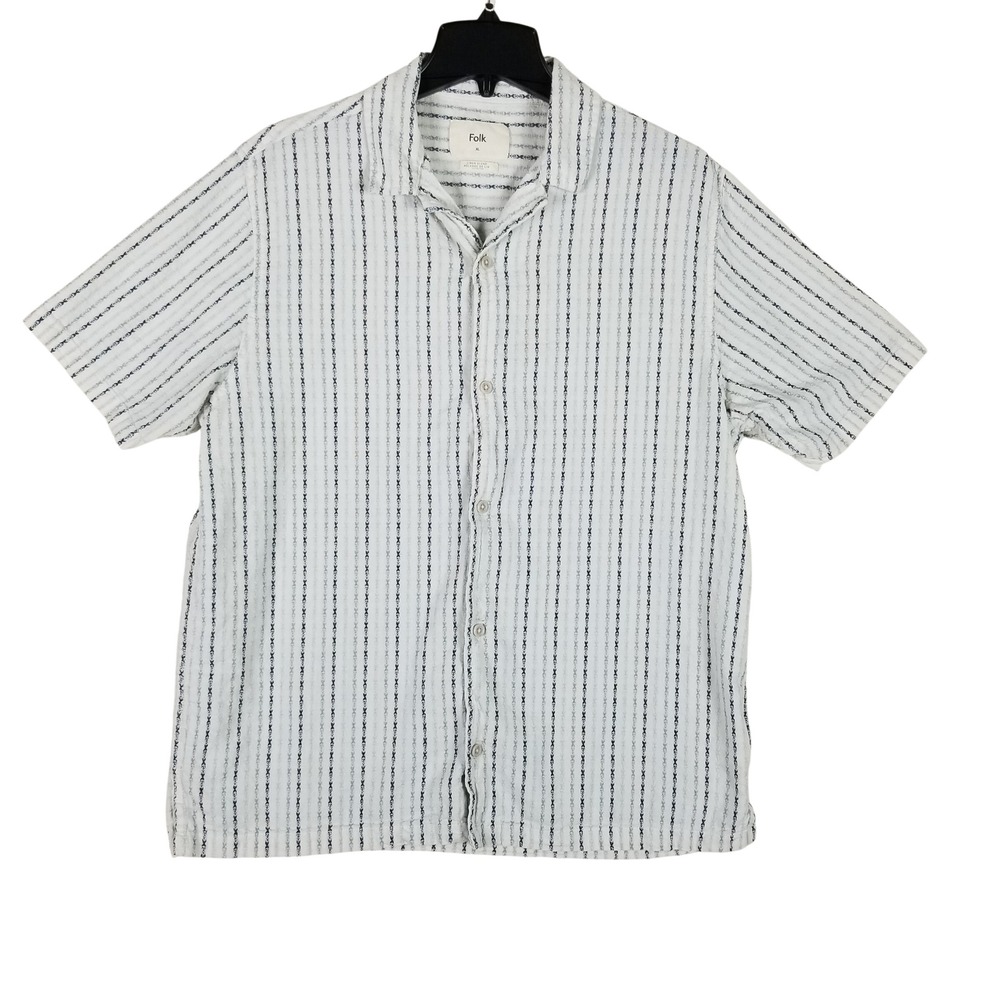 Folk Button Down Shirt Mens XL White Blue Striped Cotton Linen Short Sleeve